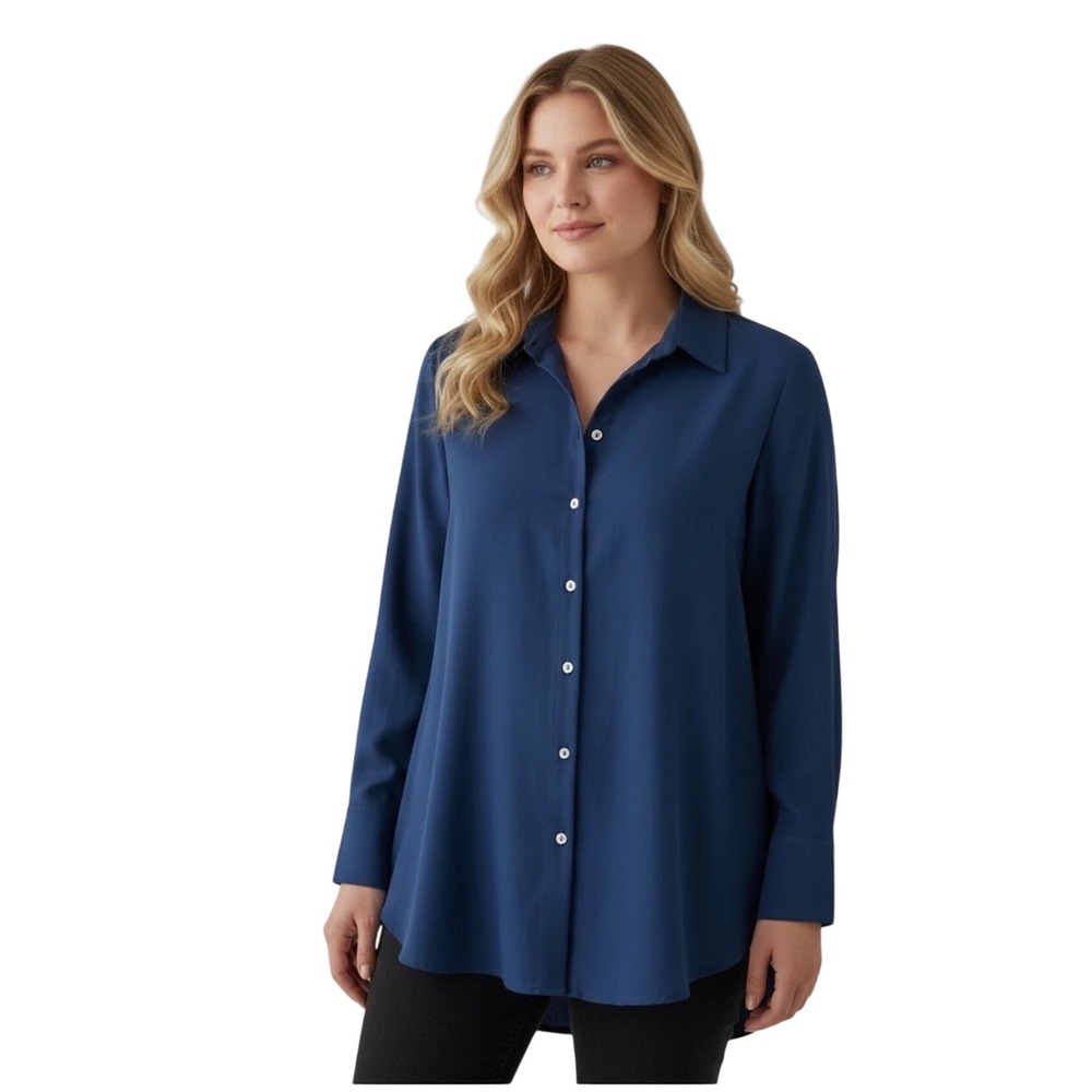 MarlaWynne Button Down Tunic Womens Large Blue Pleated Back Long Sleeve Shirt